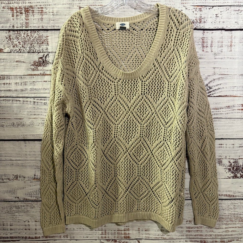 Old Navy Women's Tan V-Neck Crochet  Sweater